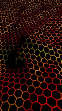 Petek dalga etkisi kırmızı sarı arka plan üzerinde. Çokgen in perspektif görünümü petek gibi görünüyor. Biyometrik geometri. Dikey görüntü yönlendirmesi. 3d illüstrasyon