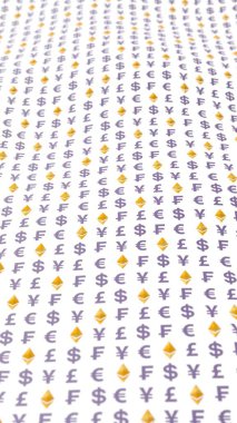 Beyaz arka planda klasik ve para birimi. Dijital şifreleme sembolü. Para dalgası etkisi, piyasa dalgalanmaları. İş konsepti. 3B illüstrasyon
