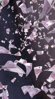 Uzay yıldızlı arka planda euro banknotları uçurmak. Uzayda para uçuyor. 500 EURO renkli. Dikey oryantasyon. 3B illüstrasyon