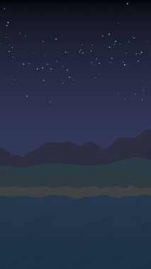 Yıldızlı aysız gökyüzü. Sahilde dalgalarla okyanus kıyısı. Dalgalar ile Ada plaj cenneti. Tatil, yaz, rahatlama. Deniz manzarası, deniz kıyısı. Minimalist manzara, ilkellik. 3d illüstrasyon