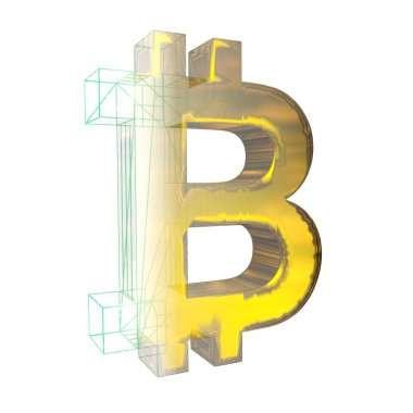 Bitcoin işareti, yeşil şebeke beyaz arka planda altına dönüşür. 3B illüstrasyon