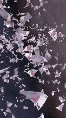 Uzay yıldızlı arka planda euro banknotları uçurmak. Uzayda para uçuyor. 500 EURO renkli. Dikey oryantasyon. 3B illüstrasyon