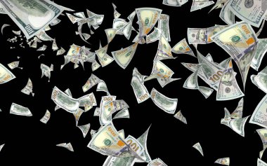 Dolar banknotlar uçan koyu arka plan üzerinde izole. Para havada uçuyor. 100 ABD banknotlar yeni örnek. 3D çizim