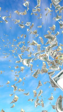 Gökyüzü nün arka planına karşı uçan dolar banknotları. Havada para uçuşuyor. 100 Abd banknotlar yeni örnek. 3d illüstrasyon