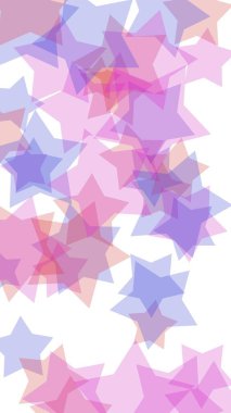 Beyaz arkaplanda çok renkli yarı saydam yıldızlar. Dikey görüntü yönlendirmesi. 3B illüstrasyon