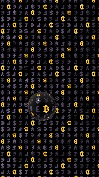 暗い背景にビットコインと通貨 デジタル暗号記号 通貨バブル 市場の変動 ビジネスコンセプト 3Dイラスト — ストック写真
