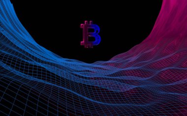 Soyut karanlık arka planda dijital para birimi sembolü Bitcoin. Kripto para piyasasının büyümesi. İş, finans ve teknoloji konsepti. 3d illüstrasyon