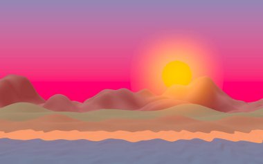 Sun Sea Beach. Sunrise. Sahilde dalgalarla okyanus kıyısı. Dalgalar ile Ada plaj cenneti. Tatil, yaz, rahatlama. Deniz manzarası, deniz kıyısı. Minimalist manzara, ilkellik. 3d illüstrasyon