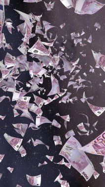 Uzay yıldızlı arka planda euro banknotları uçurmak. Uzayda para uçuyor. 500 EURO renkli. Dikey oryantasyon. 3B illüstrasyon