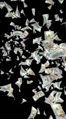 Dolar banknotlar uçan koyu arka plan üzerinde izole. Para havada uçuyor. 100 ABD banknotlar yeni örnek. 3D çizim