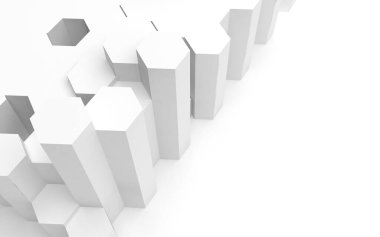 Bal peteği olan beyaz soyut bir arkaplan. Altıgen çubukları beyaz arkaplanda izole edilmiş. 3B illüstrasyon