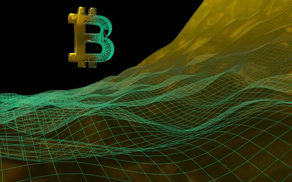 Moneda Digital Símbolo Dorado Bitcoin Sobre Fondo Oscuro Abstracto Crecimiento — Foto de Stock