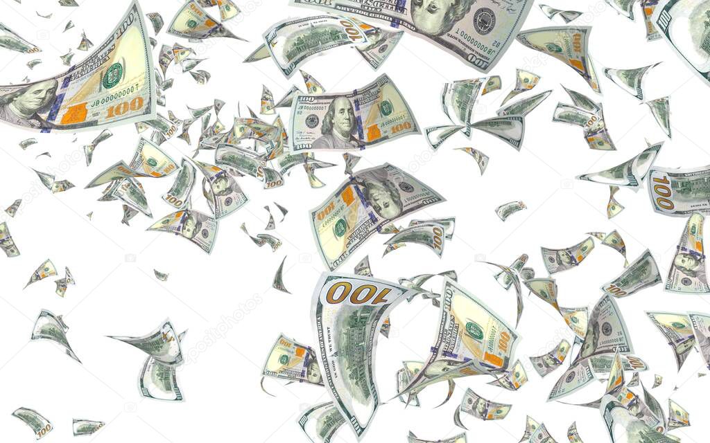 Flying dollars banknotes isolated on white background. Money is flying in the air. 100 US banknotes new sample. 3D illustration