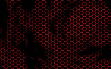 Kırmızı arka plandaki petek. Çokgen in perspektif görünümü petek gibi görünüyor. Biyometrik geometri. 3d illüstrasyon