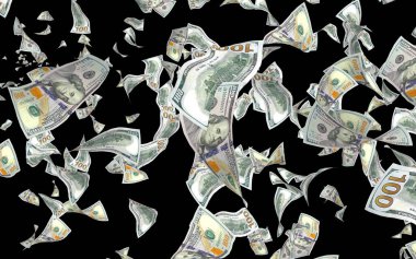 Dolar banknotlar uçan koyu arka plan üzerinde izole. Para havada uçuyor. 100 ABD banknotlar yeni örnek. 3D çizim