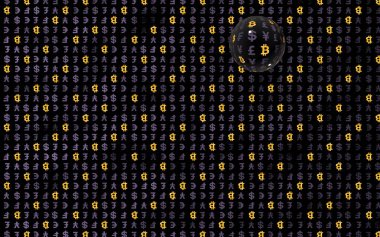 Bitcoin ve para koyu bir arka plan üzerinde. Dijital kripto sembolü. Döviz balonu, piyasa dalgalanmaları. İş konsepti. 3d illüstrasyon