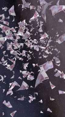 Uzay yıldızlı arka planda euro banknotları uçurmak. Uzayda para uçuyor. 500 EURO renkli. Dikey oryantasyon. 3B illüstrasyon