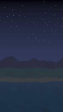 Yıldızlı aysız gökyüzü. Sahilde dalgalarla okyanus kıyısı. Dalgalar ile Ada plaj cenneti. Tatil, yaz, rahatlama. Deniz manzarası, deniz kıyısı. Minimalist manzara, ilkellik. 3d illüstrasyon