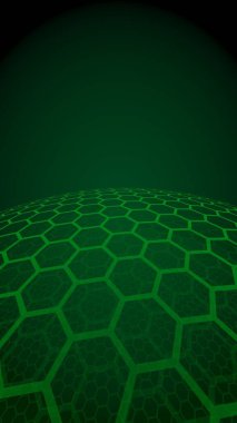 Çok katmanlı petek küresi, koyu arka planda yeşil, sosyal ağ, bilgisayar ağı, teknoloji, küresel ağ. 3d illüstrasyon