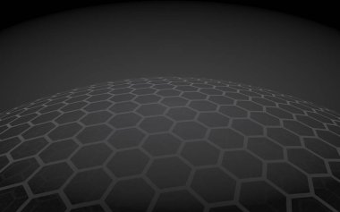 Çok katmanlı petek küresi, koyu arka planda gri, sosyal ağ, bilgisayar ağı, teknoloji, küresel ağ. 3d illüstrasyon