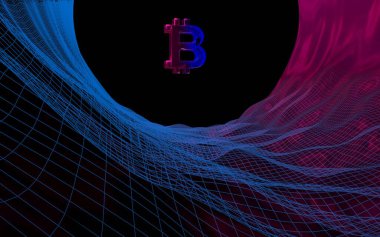Soyut karanlık arka planda dijital para birimi sembolü Bitcoin. Kripto para piyasasının büyümesi. İş, finans ve teknoloji konsepti. 3d illüstrasyon
