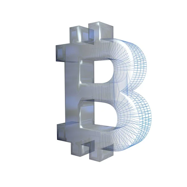 Bitcoin Zeichen Platin Oder Silber Verwandelt Sich Ein Blaues Gitter — Stockfoto