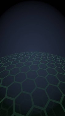 Çok katmanlı petek küresi, siyah arka planda mavi, sosyal ağ, bilgisayar ağı, teknoloji, küresel ağ. 3d illüstrasyon