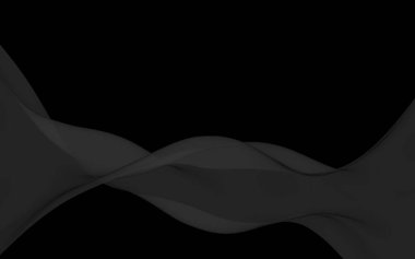 Siyah soyut arka plan. Kanat çırpan siyah eşarp. Rüzgâr siyah kumaşında sallanıyor. 3B illüstrasyon