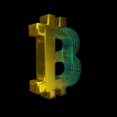 Bitcoin işareti, yeşil şebeke siyah arka planda altına dönüşür. 3B illüstrasyon