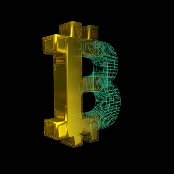 Signo Bitcoin Cuadrícula Verde Convierte Oro Sobre Fondo Negro Ilustración — Foto de Stock