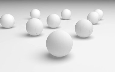 Beyaz soyut arka plan. Beyaz toplar beyaz arka planda izole edilmiş. 3B illüstrasyon