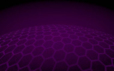 Çok katmanlı petek küresi, koyu arka planda mor, sosyal ağ, bilgisayar ağı, teknoloji, küresel ağ. 3d illüstrasyon