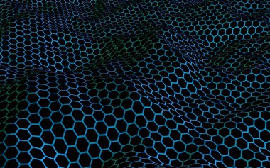 Petek mavi dalga etkisi koyu bir arka plan üzerinde. Çokgen in perspektif görünümü petek gibi görünüyor. Biyometrik geometri. 3d illüstrasyon