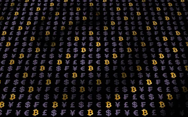 Bitcoin Und Währung Auf Dunklem Hintergrund Symbol Für Die Digitale — Stockfoto