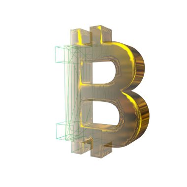 Bitcoin işareti, yeşil şebeke beyaz arka planda altına dönüşür. 3B illüstrasyon