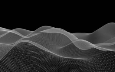 Siyah arka plan üzerinde soyut gri manzara. Siber uzay şebekesi. merhaba teknoloji ağı. 3d teknoloji illüstrasyon. Alan derinliği. 3d illüstrasyon