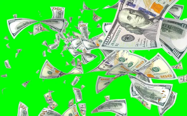 Banconote Dollari Volanti Isolate Chromakey Soldi Volano Aria 100 Banconote — Foto Stock