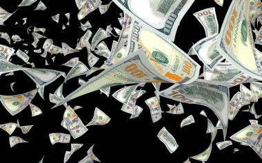 Dolar banknotlar uçan koyu arka plan üzerinde izole. Para havada uçuyor. 100 ABD banknotlar yeni örnek. 3D çizim