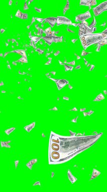 Kromakeyle izole edilmiş uçan dolar banknotları. Havada para uçuyor. 100 Amerikan doları yeni numune alıyor. Dikey oryantasyon. 3B illüstrasyon