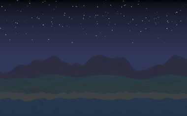 Yıldızlı aysız gökyüzü. Sahilde dalgalarla okyanus kıyısı. Dalgalar ile Ada plaj cenneti. Tatil, yaz, rahatlama. Deniz manzarası, deniz kıyısı. Minimalist manzara, ilkellik. 3d illüstrasyon