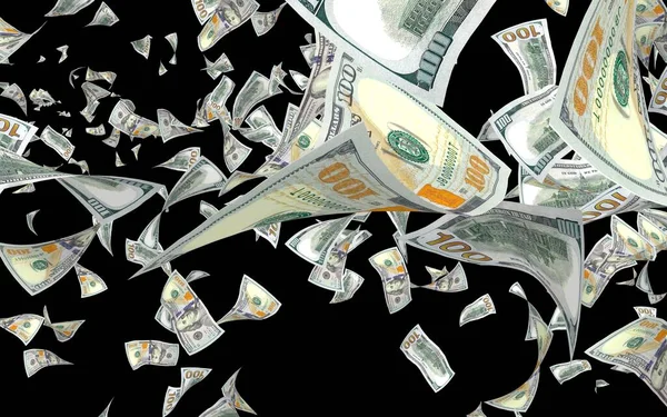 Dolar banknotlar uçan koyu arka plan üzerinde izole. Para havada uçuyor. 100 ABD banknotlar yeni örnek. 3D çizim