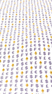 Beyaz arka planda klasik ve para birimi. Dijital şifreleme sembolü. Para dalgası etkisi, piyasa dalgalanmaları. İş konsepti. 3B illüstrasyon