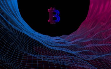 Soyut karanlık arka planda dijital para birimi sembolü Bitcoin. Kripto para piyasasının büyümesi. İş, finans ve teknoloji konsepti. 3d illüstrasyon