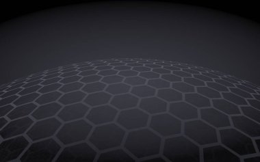 Çok katmanlı petek küresi, koyu arka planda gri, sosyal ağ, bilgisayar ağı, teknoloji, küresel ağ. 3d illüstrasyon