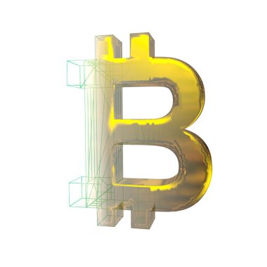 Bitcoin işareti, yeşil şebeke beyaz arka planda altına dönüşür. 3B illüstrasyon