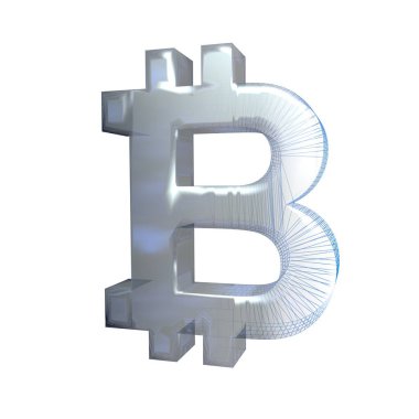 Bitcoin işareti, platin veya gümüş beyaz bir arka plan üzerinde mavi bir ızgara dönüşür. 3d illüstrasyon