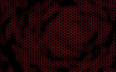 Kırmızı arka plandaki petek. Çokgen in perspektif görünümü petek gibi görünüyor. Biyometrik geometri. 3d illüstrasyon