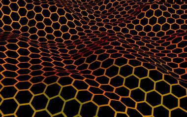 Petek dalga etkisi kırmızı sarı arka plan üzerinde. Çokgen in perspektif görünümü petek gibi görünüyor. Biyometrik geometri. 3d illüstrasyon