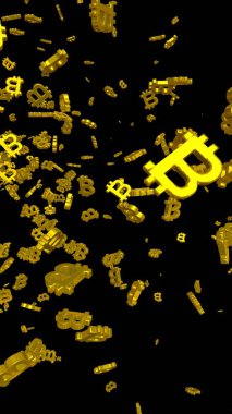 Karanlık bir arka planda dijital para birimi sembolü Bitcoin. Bitcoin düşüşü. Sanal ekranda kripto para birimi grafiği. İş, finans ve teknoloji kavramı. 3B illüstrasyon