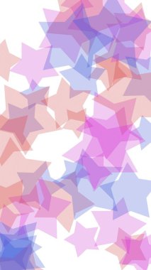 Beyaz arkaplanda çok renkli yarı saydam yıldızlar. Dikey görüntü yönlendirmesi. 3B illüstrasyon